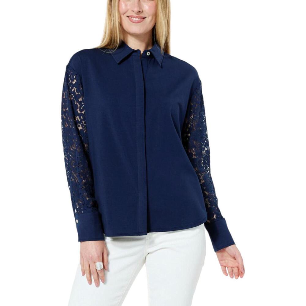 WynneCollection Button-Down Shirt with Lace Sleeves Blue - Regular